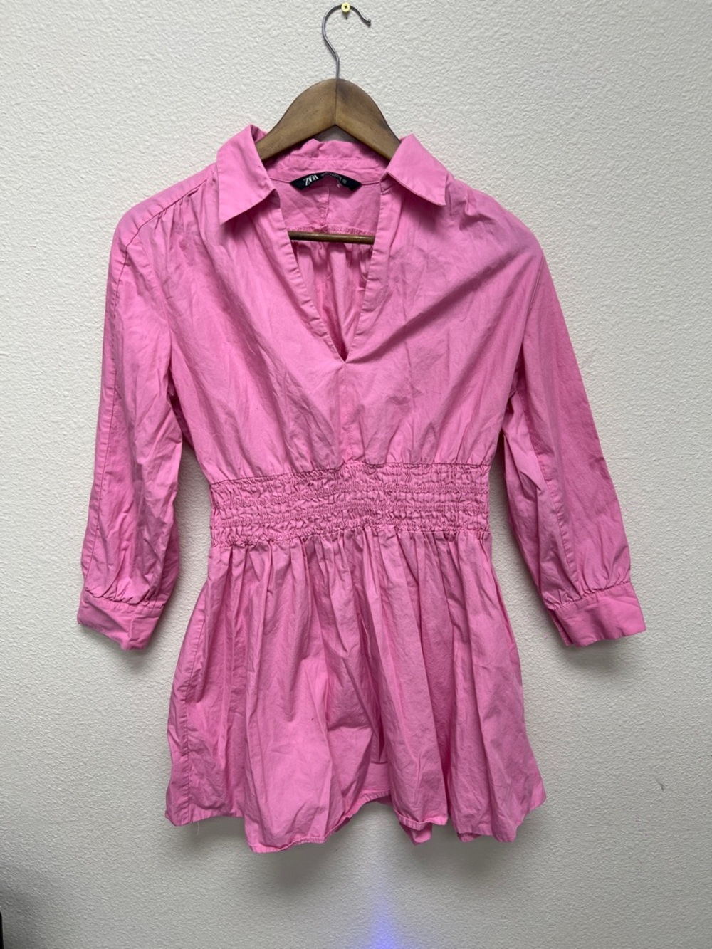 Zara Bright Pink Smocked-Waist V-Neck Tunic